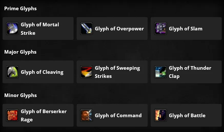 WoW Cataclysm Classic Arms Warrior Glyphs