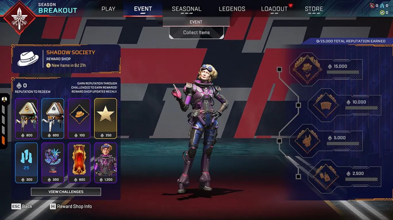 Apex Legends Breakout Season 20 Shadow Society Apex Artifact Cobalt Katar Milestone Rewards Challenges Reward Shop