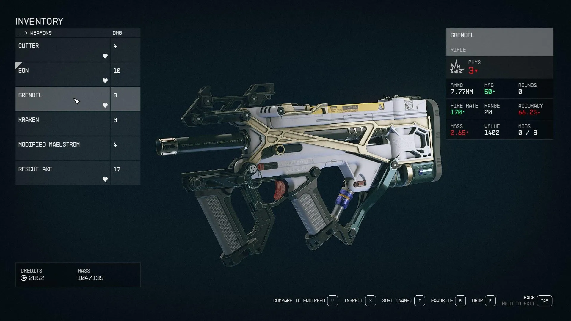 Starfield weapons menu