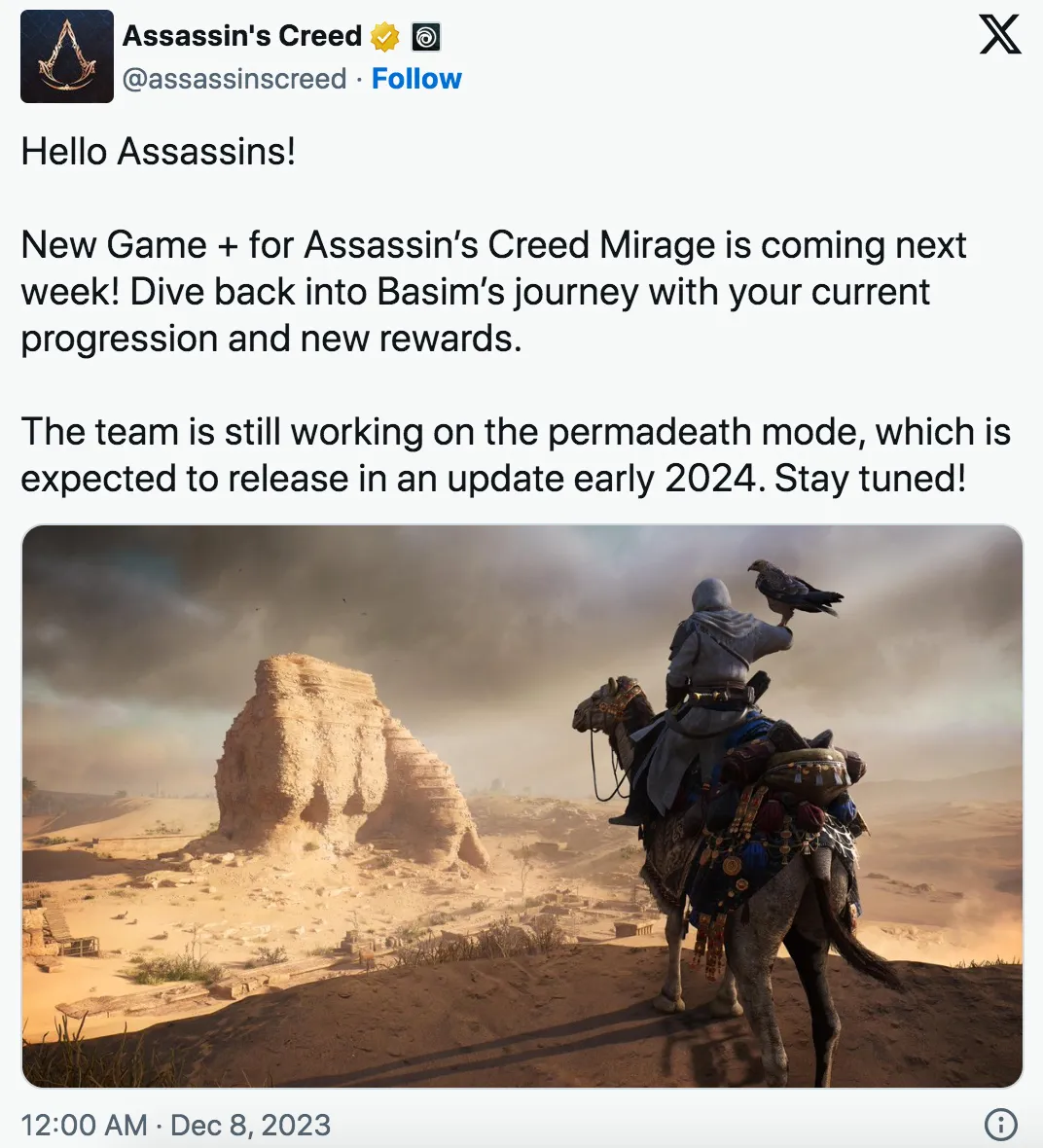 We hear you: New Game + mode for Assassin's Creed Mirage will be