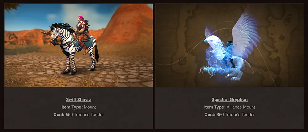 Zhevra + Spectral Gryphon/Wind Rider mounts coming to the trading