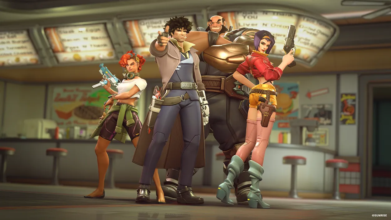 Overwatch 2 x Cowboy Bebop Collab: New Themed Cosmetics and Free Ein Wrecking Ball Legendary Skin Ed Sombra Jet Black Maugat Ein Wrecking Ball Faye Valentine Ashe Cassidy SPike