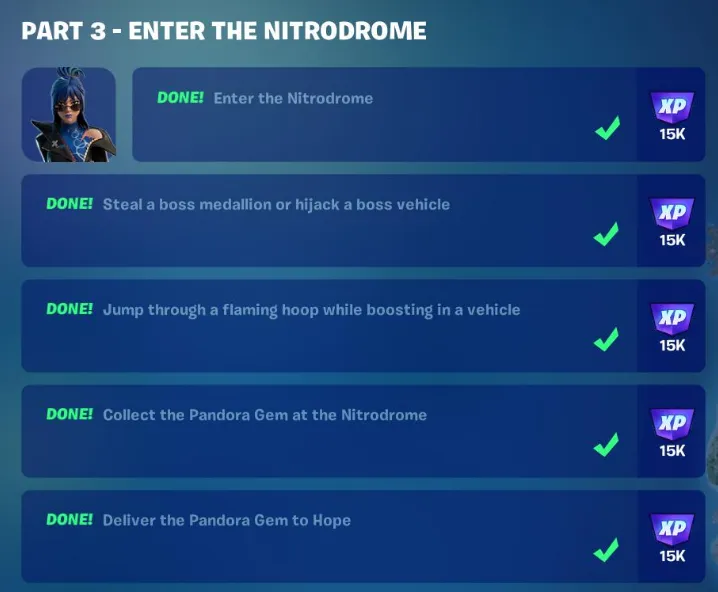 how to complete every quest from the 'Enter the Nitrodrome' questline in Fortnite