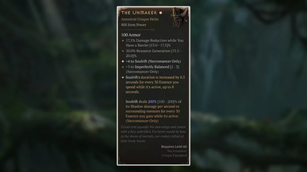 Diablo 4 Vessel of Hatred New Necromancer Unique