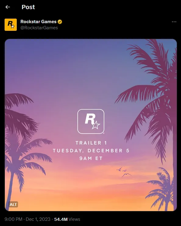 Rockstar Games Confirm GTA VI Trailer Reveal