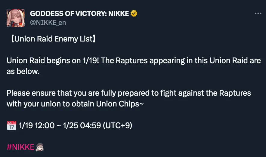 Goddess of Victory NIKKE Union Raid Schedule.png