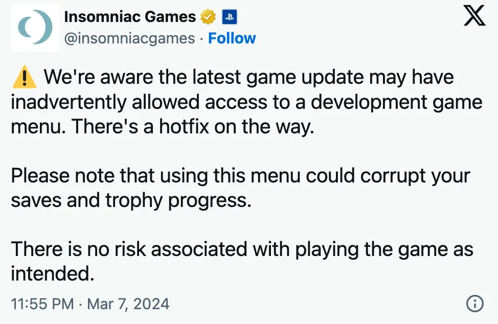 Insomniac Games confirms leak issue on X.png