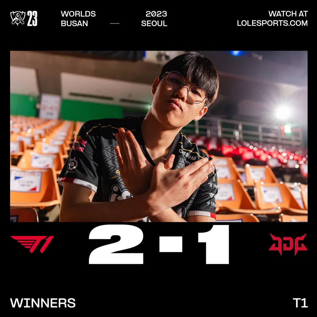 Worlds 2023 Knockout Stage Semifinals vs. JDG Game ended 3-1 POS: Faker ⚔️  T1 caption: 마지막 남은 결승전 티켓을 쟁취했습니다!🫡 - Last ticket to Finals is…