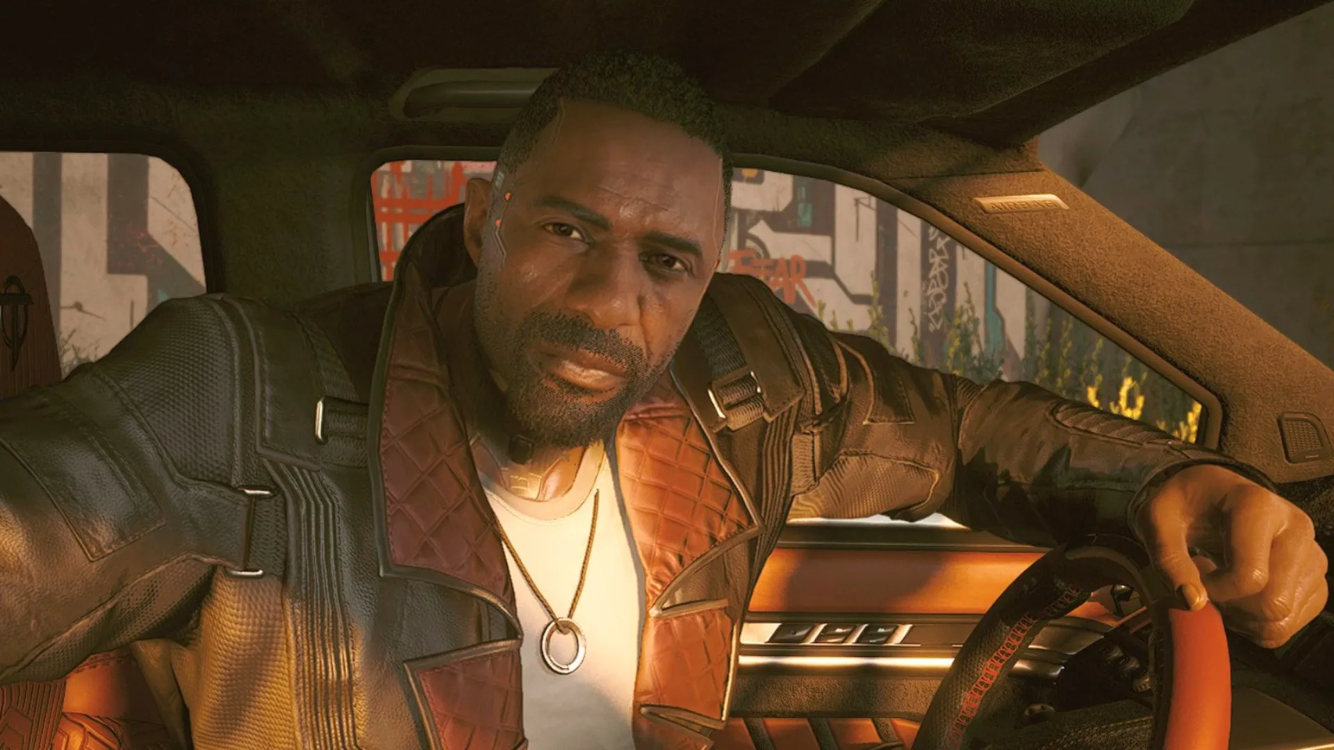 Solomon Reed driving a car in Cyberpunk 2077