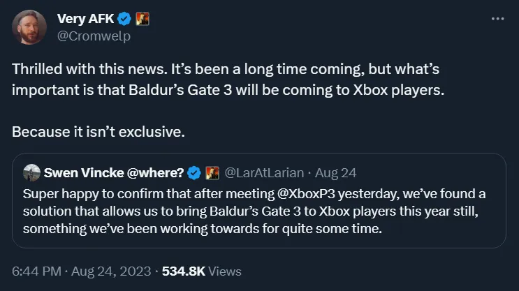 Larian Studios Xbox Tweet