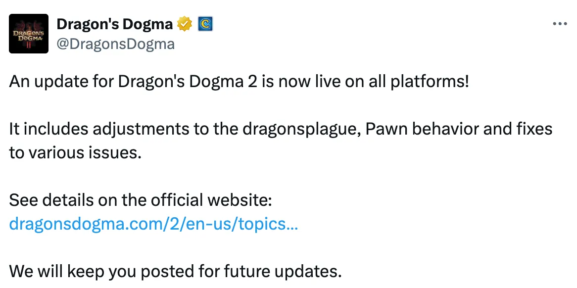 Примечания к обновлению Dragon's Dogma 2 сегодня (25 апреля 2024 г.)