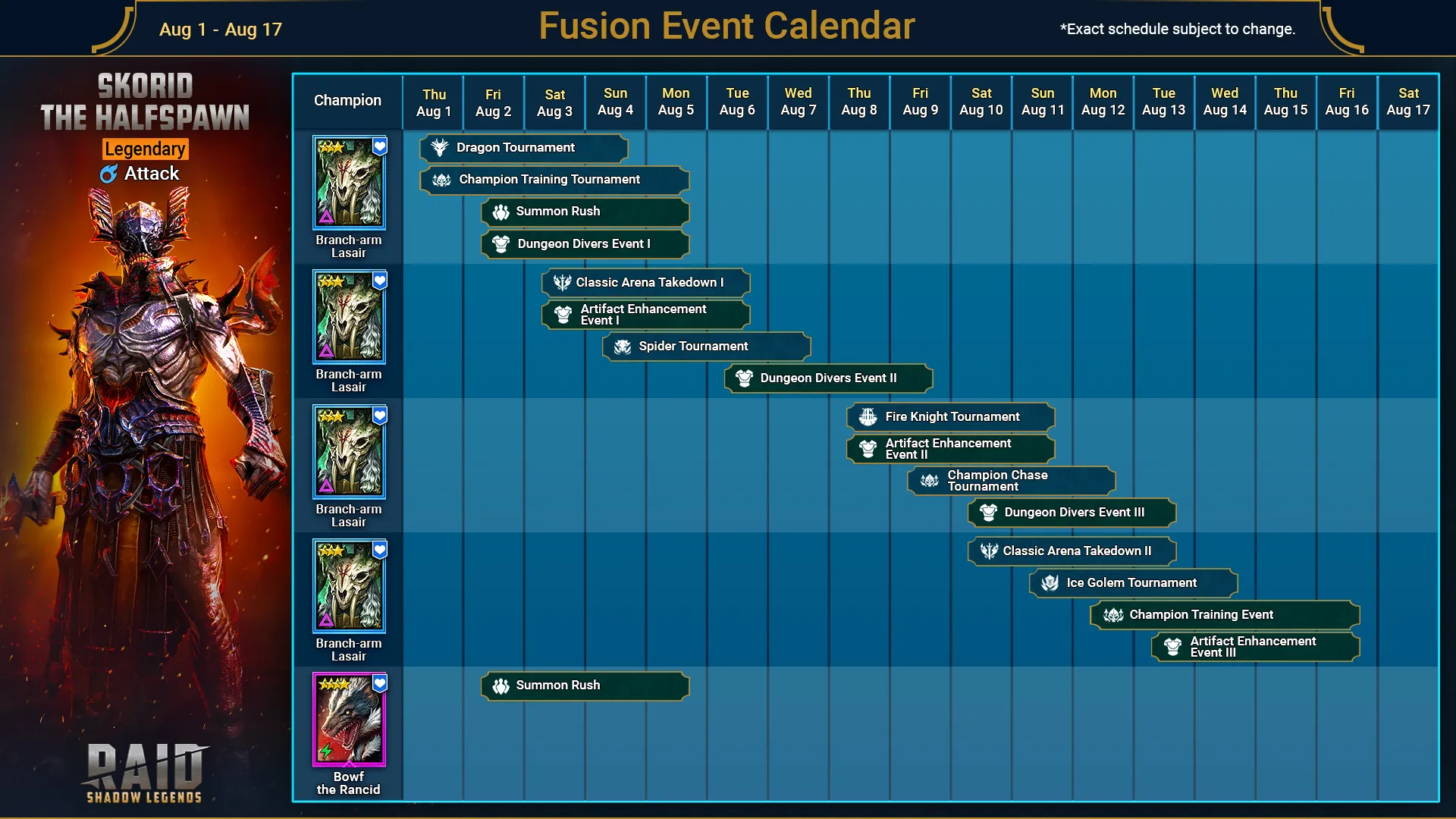 RAID Shadow Legends Skorid the Halfspawn Fusion Calendar Guide