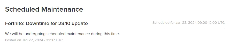 When is the Fortnite v28.10 Downtime?