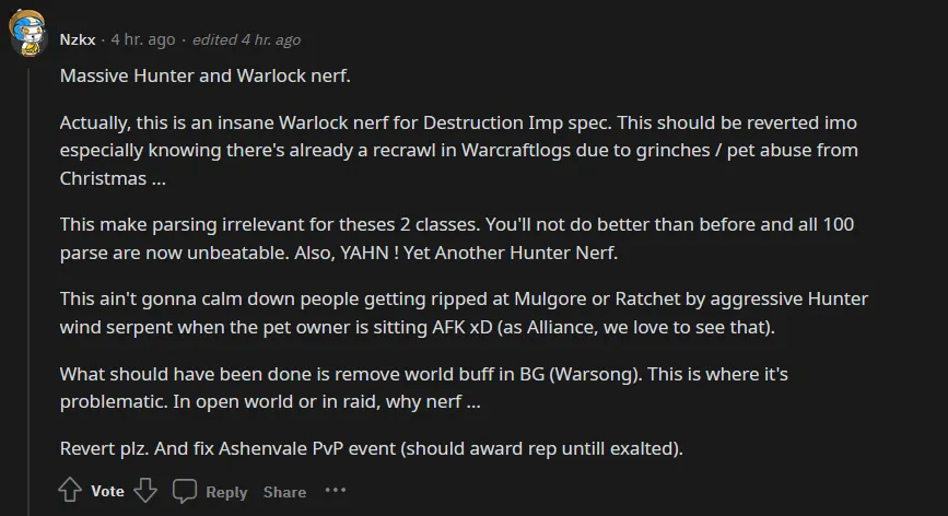 Reddit Comment WoW SoD Pet Nerf