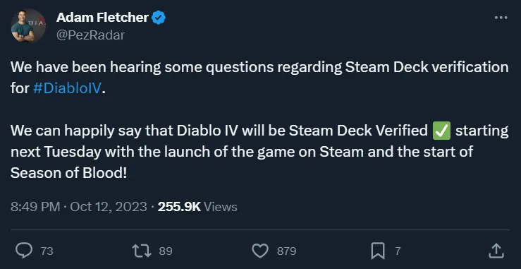 Adam Fletcher Steam Deck Tweet