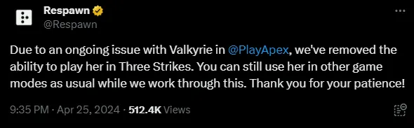 Apex Legends Removed Valkyrie From Three Strikes