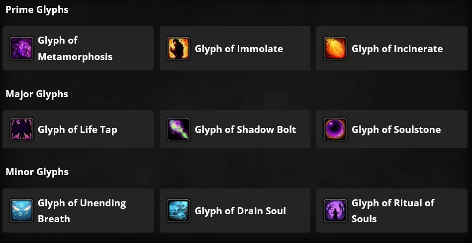 WoW Cataclysm Classic Demonology Warlock Glyphs