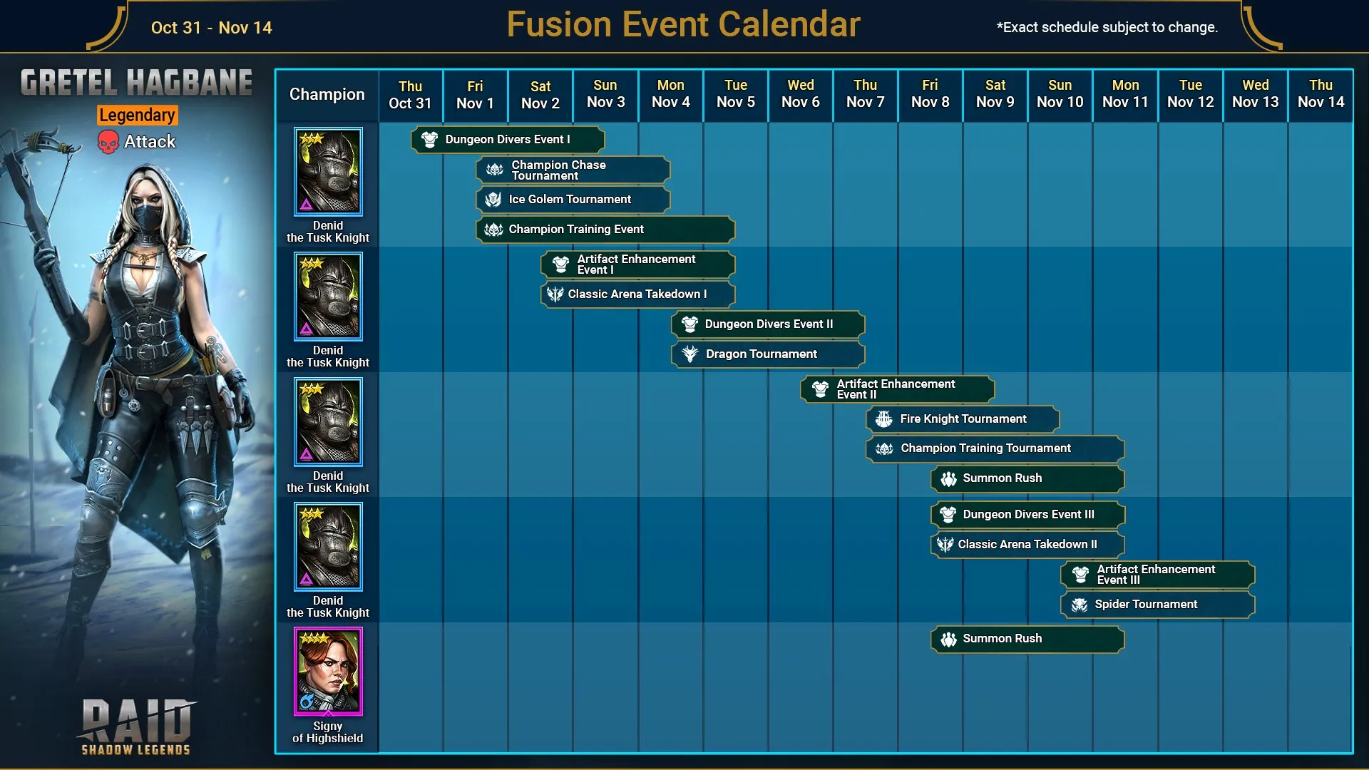 RAID Shadow Legends: Gretel Hagbane Fusion Calendar Guide (October 31 - November 14)