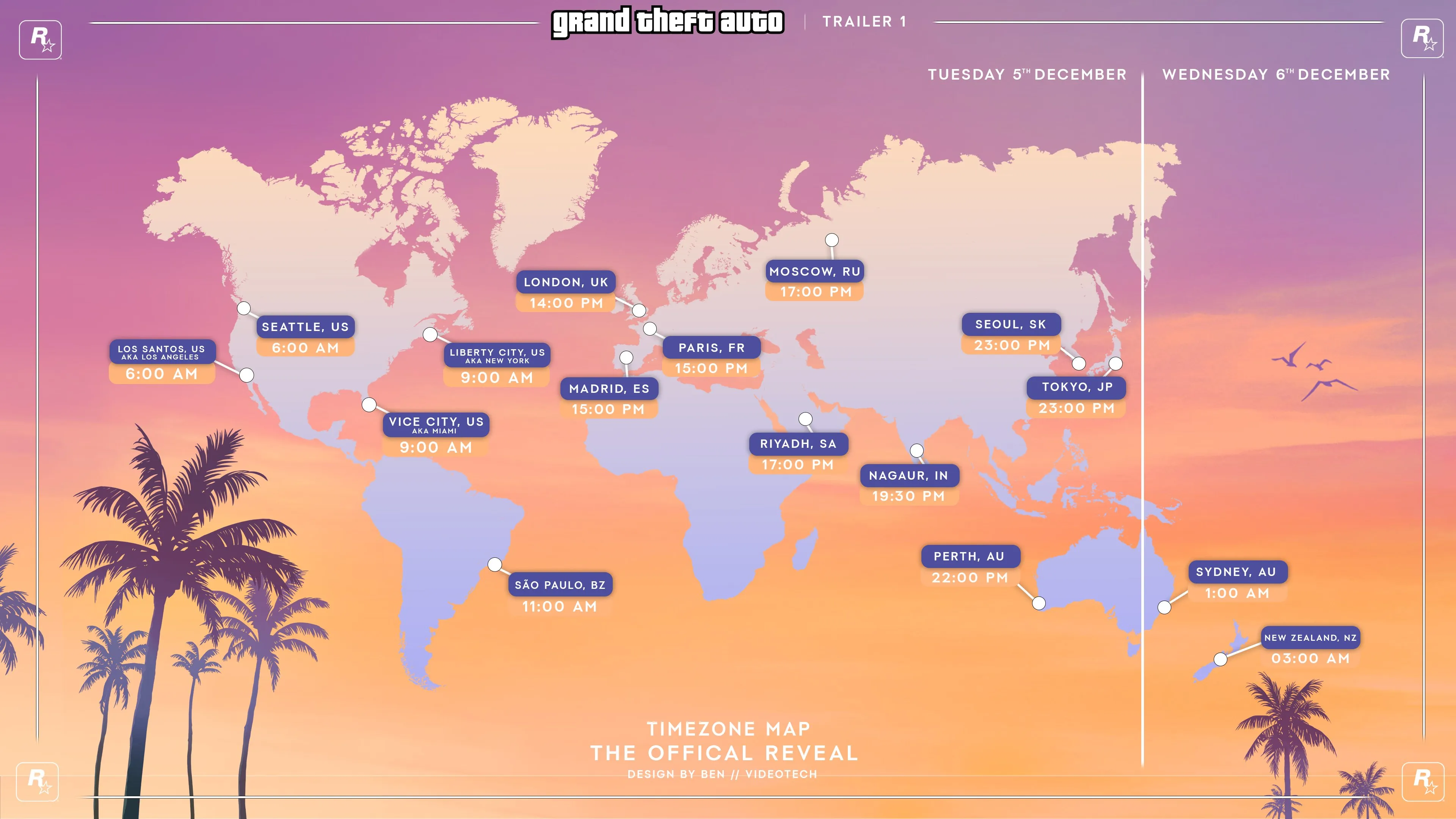GTA 6 Trailer Release Date and Timezones Map