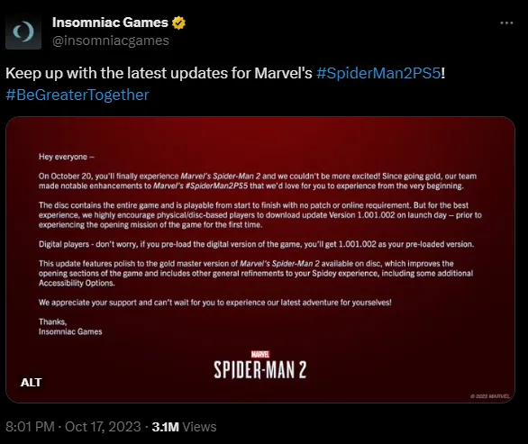 ps5 spider man 2: Marvels' Spider-Man 2 Patch 1.001.004: What's