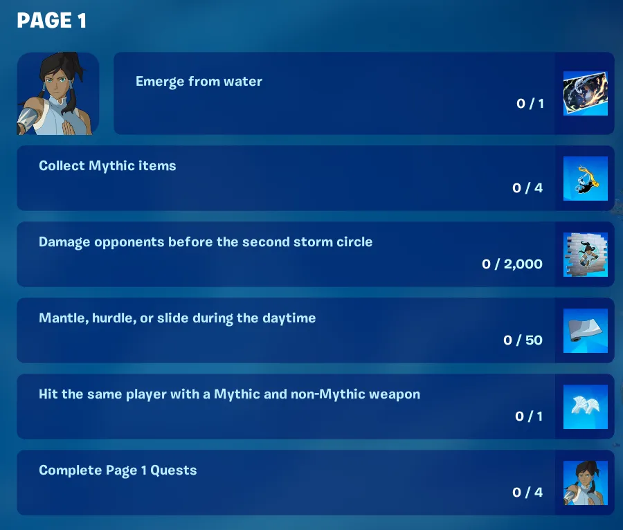 Page 1 Korra Quests in Fortnite