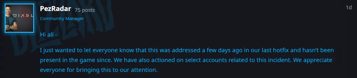 Diablo 4 Dev adressing bans