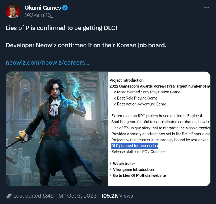 Lies of P DLC In Development Leaked: Job Listing Posted